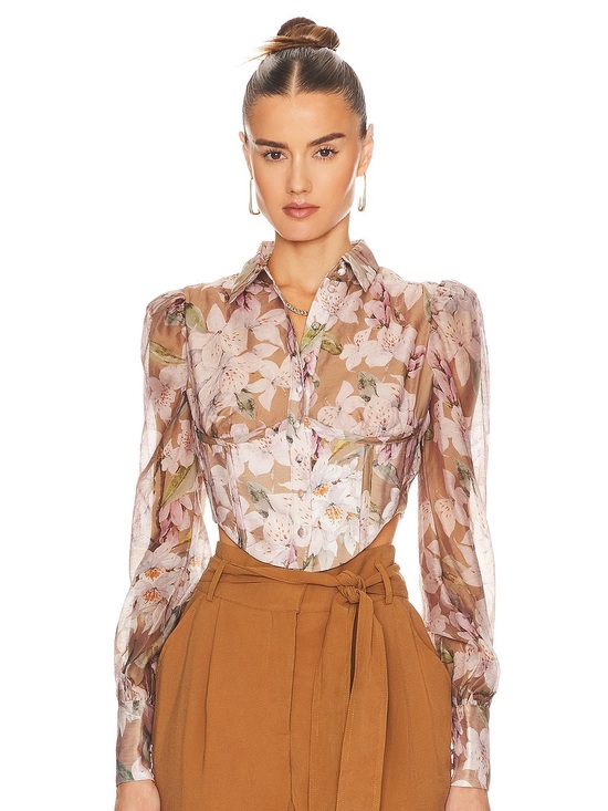 Bardot Tops - Bardot Sheer Floral Puff-Sleeve Blouse in Pink and Brown